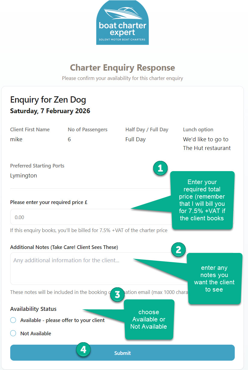 Charter enquiry response form showing how boat owners respond to availability requests